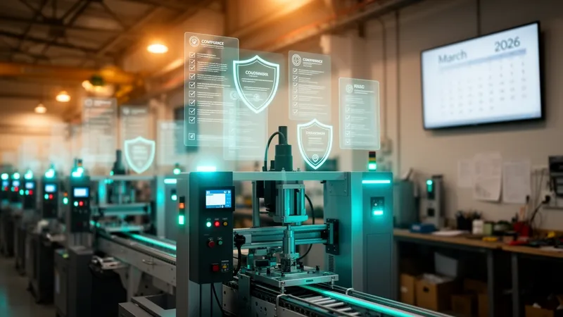 Industrielle Fertigungslinie mit vernetzten Maschinen und digitalen Sicherheits-Shields – CRA-Compliance für Hersteller im März 2026