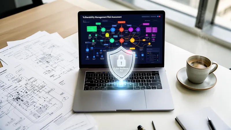 Laptop mit Vulnerability-Management-Visualisierung, Cyber-Resilience-Schild und technischen Produktzeichnungen als Visual für DIN EN 40000 und CRA