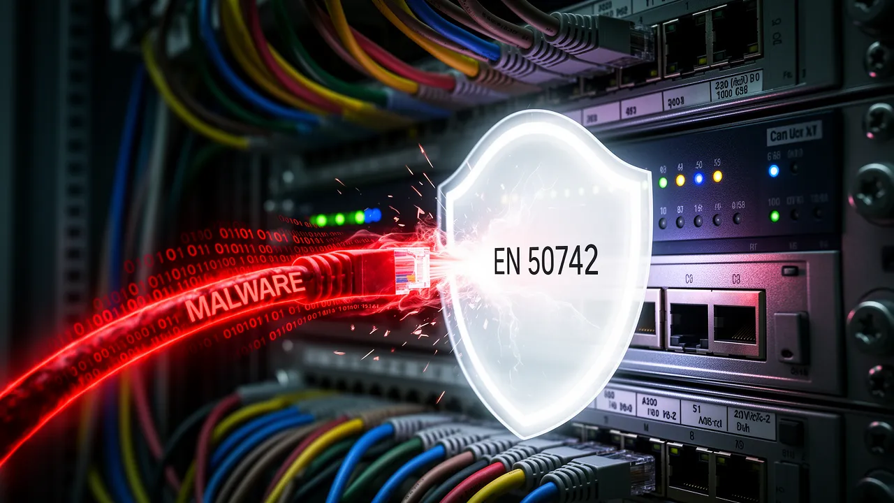 Technische Maschinenvisualisierung mit hervorgehobenen Sicherheitszonen als Symbol für prEN 50742 und Cybersicherheit in Maschinen