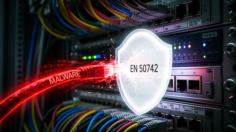 Technische Maschinenvisualisierung mit hervorgehobenen Sicherheitszonen als Symbol für prEN 50742 und Cybersicherheit in Maschinen