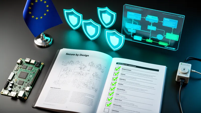 ENISA Secure by Design Playbook — Dokument mit Checkliste, EU-Flagge, Schaltplatine und holographischen Security-Symbolen