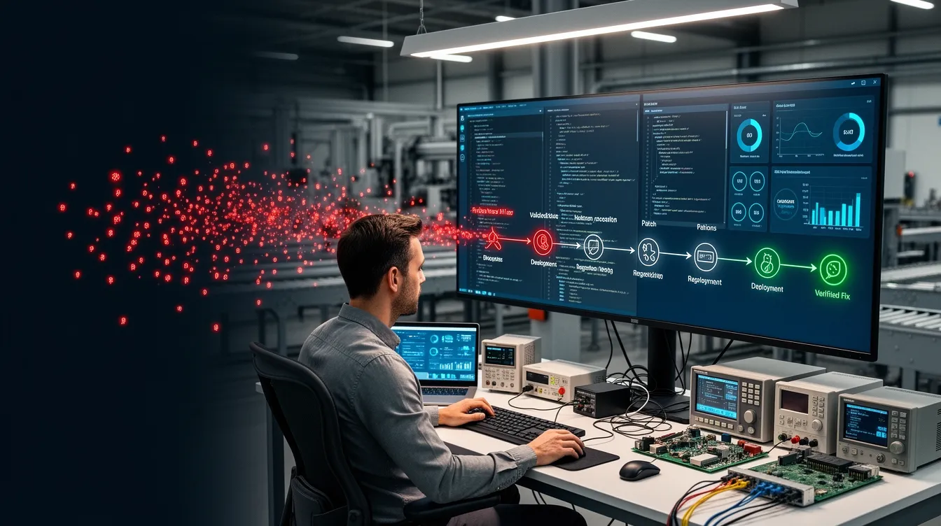 Security-Engineer in einer industriellen Entwicklungsumgebung zwischen zahlreichen KI-Findings und einem verifizierten Patchprozess